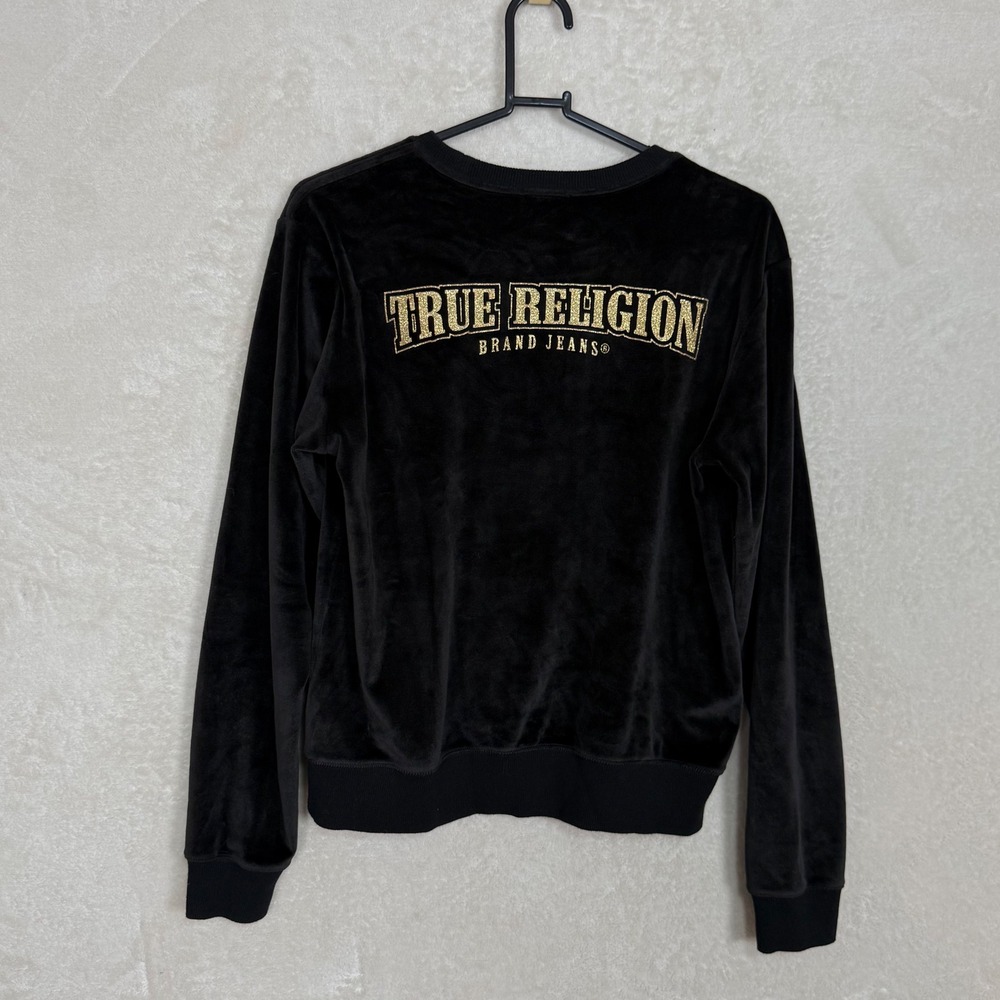 True Religion Black Velour Logo Sweatshirt Y2K Streetwear Crewneck Size Small